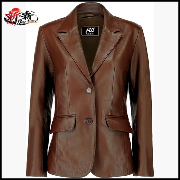Jackets & Blazers - Lambskin Leather Blazer Jacket Women Classic 2-Button Notched Lapel